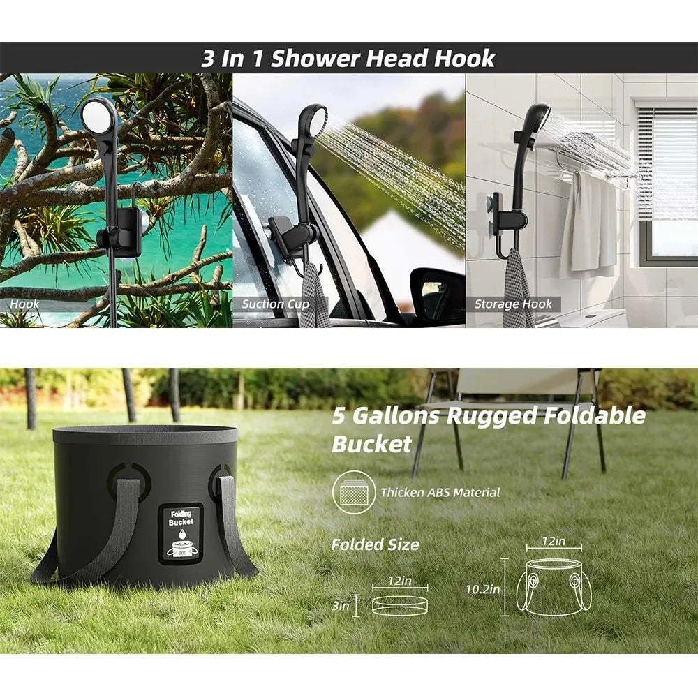 A composite product listing graphic for a 3-in-1 shower head hook and 5-gallon foldable bucket set. The top row shows three usage scenarios for the shower head hook: tree branch attachment, car suction cup use, and wall-mounted storage.