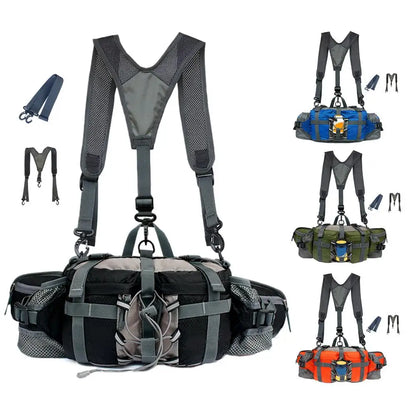 A gray and black chest harness bag with adjustable shoulder straps and compression buckles, shown on a white background with smaller color variants and included strap accessories.