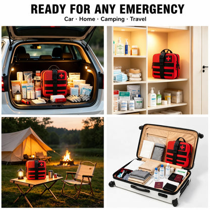 A four-panel collage showing a red and black emergency first-aid backpack in different real-world scenarios: packed into the trunk of a car, stored on a shelf in a home, set up beside a campfire at night, and placed inside a suitcase.