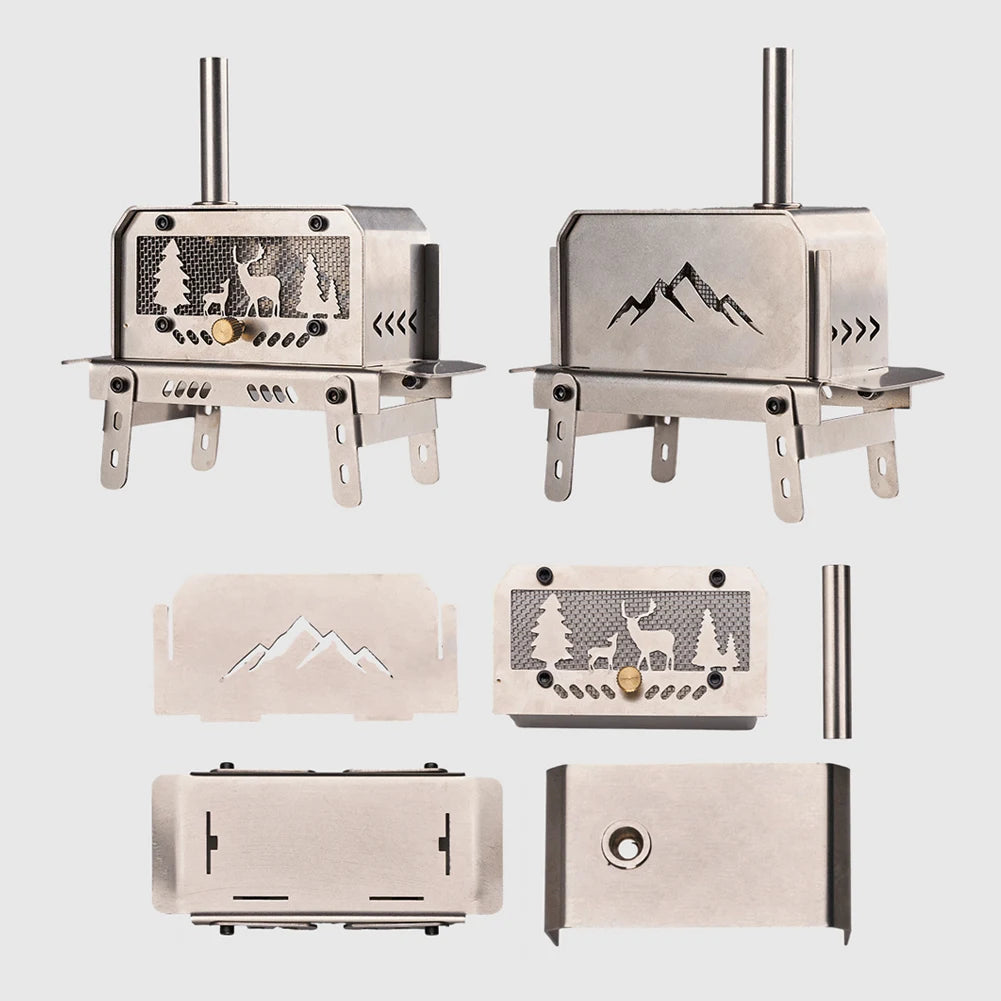 Collection of metal wood stoves with engraved designs on a white background