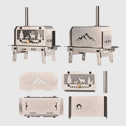 Collection of metal wood stoves with engraved designs on a white background