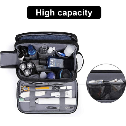 Open toiletry bag with various items and 'High capacity' text above.