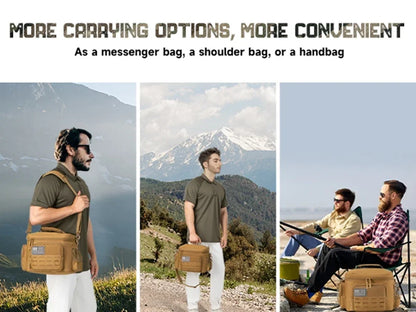 Man using a brown bag in various settings with mountainous landscapes.