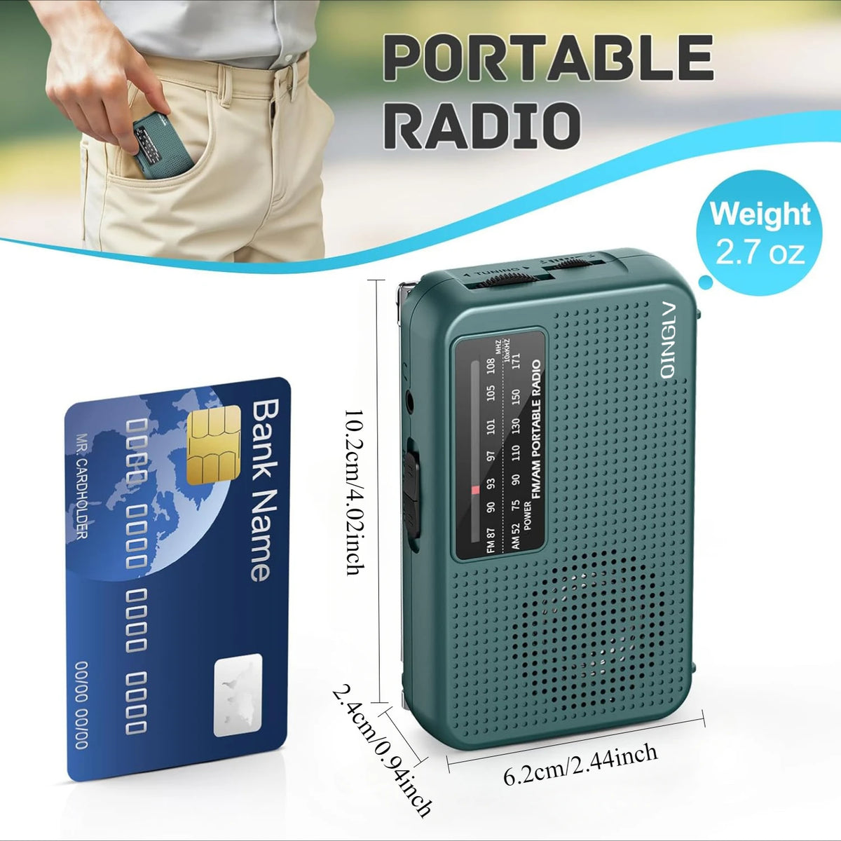 Portable radio with dimensions compared to a bank card, showing its small size.