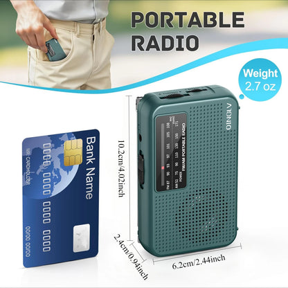 Portable radio with dimensions compared to a bank card, showing its small size.