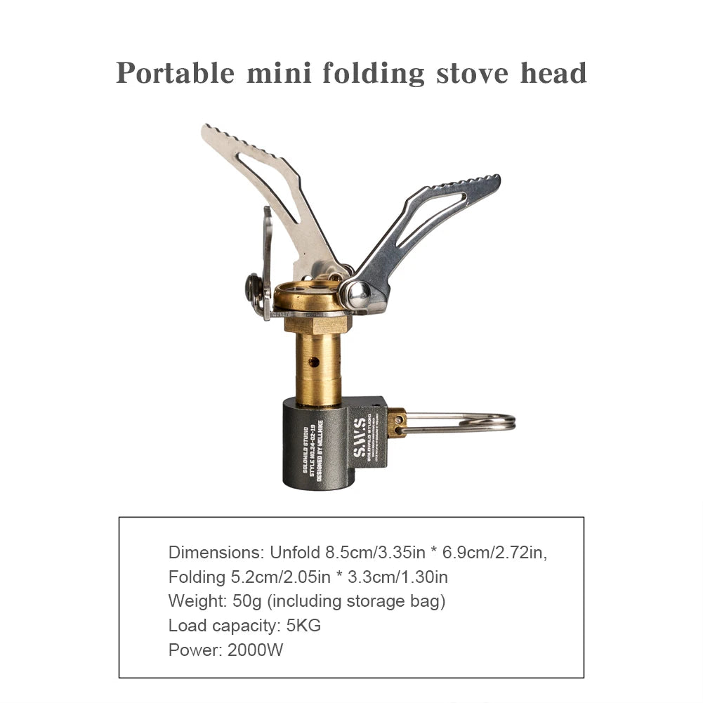 Portable mini folding stove head with specifications on a white background