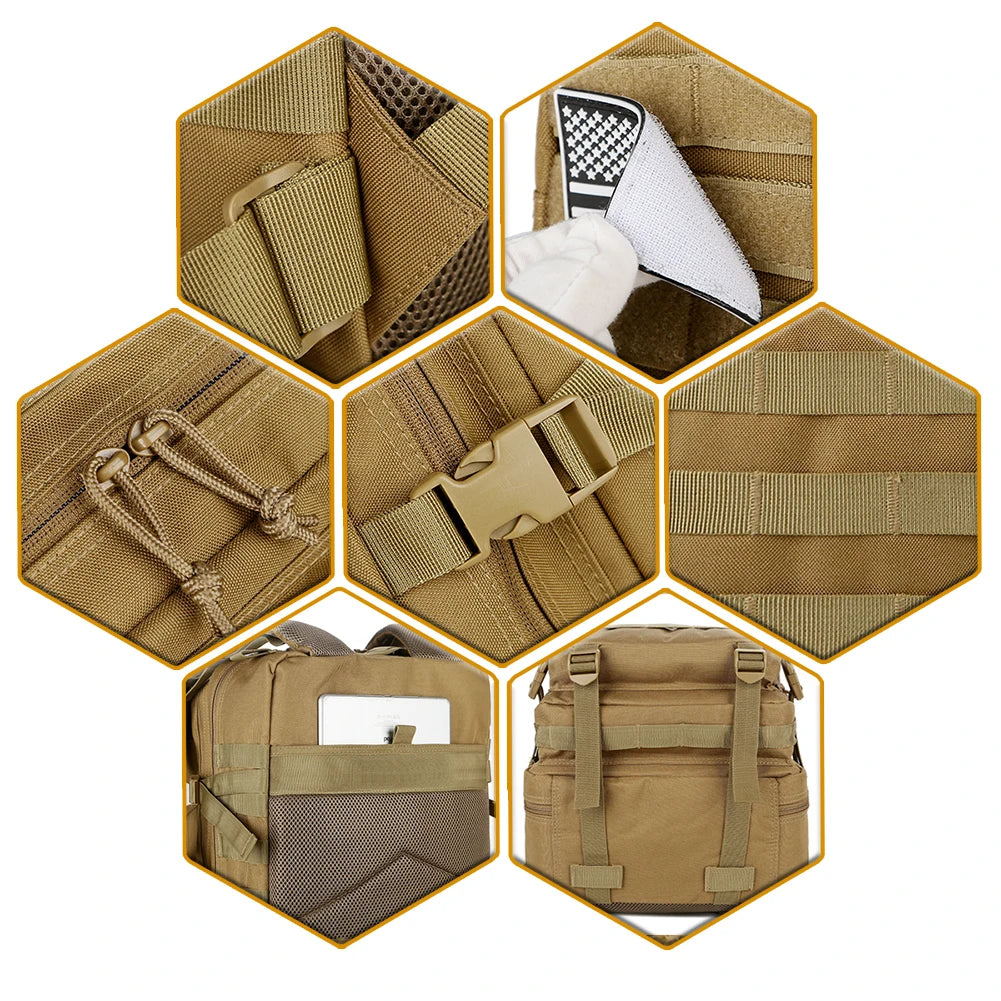 Hexagonal grid showing various tactical pouches and gear in beige color on a white background