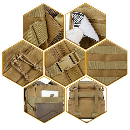 Hexagonal grid showing various tactical pouches and gear in beige color on a white background