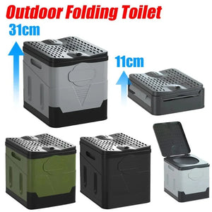 Outdoor folding toilet with dimensions labeled on a white background