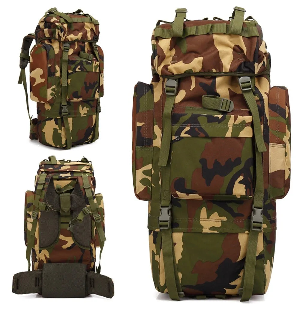 Camouflage backpacks shown from multiple angles on a white background