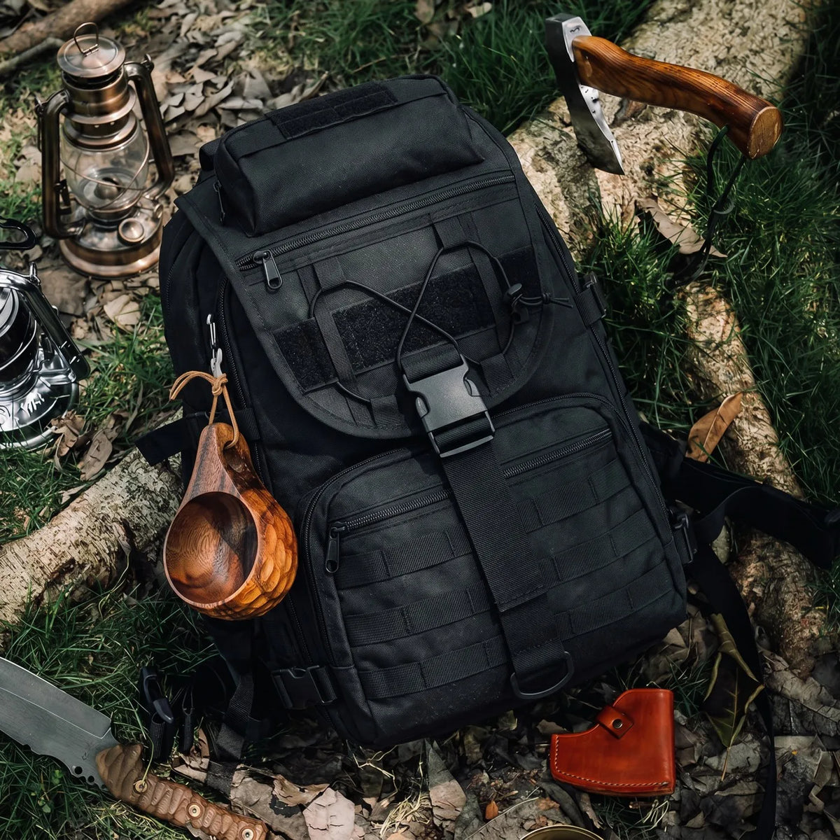 A black tactical backpack is arranged outdoors on grass and logs with camping props, including a lantern, axe, wooden scoop, knife, and leather pouch.