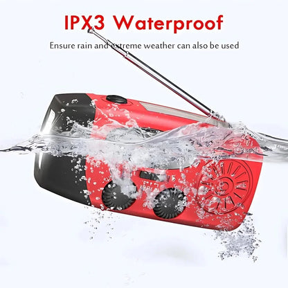Red and black portable waterproof radio with an extended antenna, shown partially submerged in water with splash effects and text reading 'IPX3 Waterproof'.
