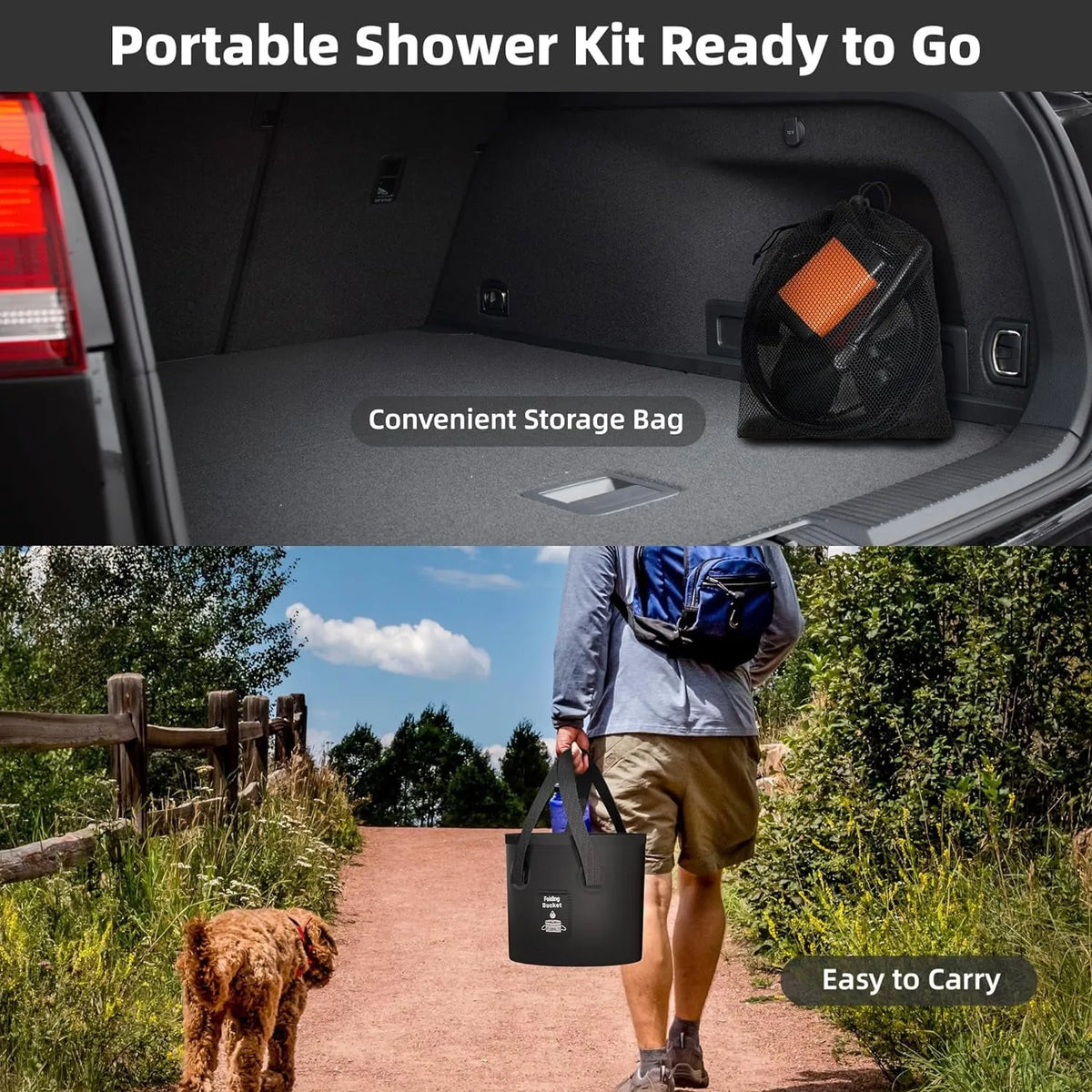 A portable shower kit is shown in two panels: the top panel shows a black convenient storage bag with an orange insert placed inside a car trunk, and the bottom panel shows a person carrying the black shower on a dirt path with a dog nearby.