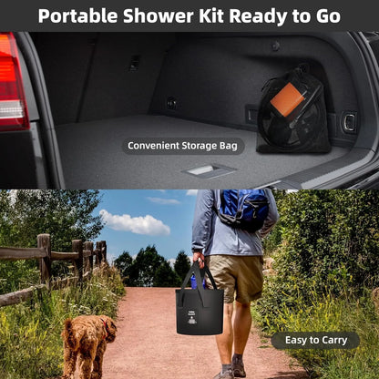 A portable shower kit is shown in two panels: the top panel shows a black convenient storage bag with an orange insert placed inside a car trunk, and the bottom panel shows a person carrying the black shower on a dirt path with a dog nearby.