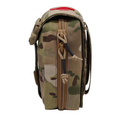 A tactical utility pouch in a classic camouflage pattern, featuring a tan zipper, tan cord lock, and a red pull tab on a white background.