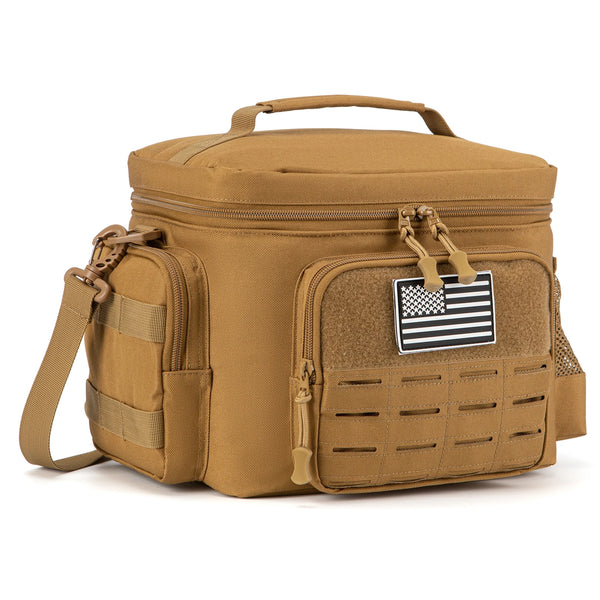 Tan tactical cooler bag with American flag patch on a white background