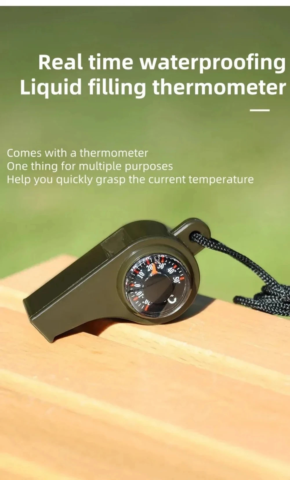 Green thermometer with liquid filling on a wooden surface, text about real-time waterproofing and multiple purposes.