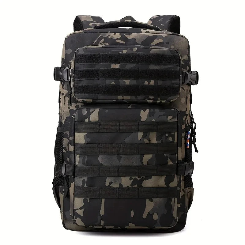 Camouflage backpack with multiple straps on a white background