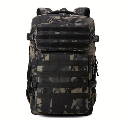 Camouflage backpack with multiple straps on a white background