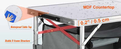 Portable folding table with MDF countertop, waterproof table top, and X-frame structure.