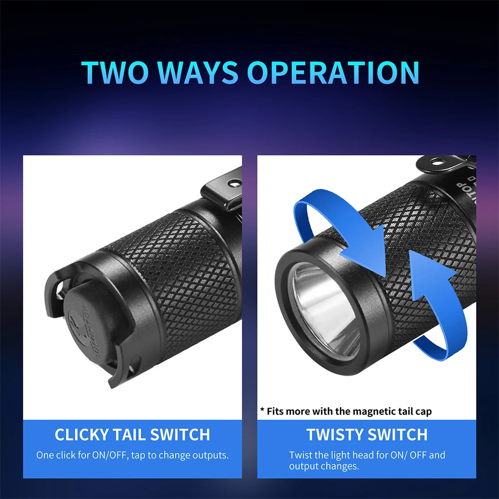 Two ways operation of a flashlight with clicky tail switch and twisty switch on a blue background.
