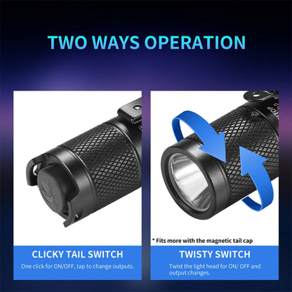 Two ways operation of a flashlight with clicky tail switch and twisty switch on a blue background.