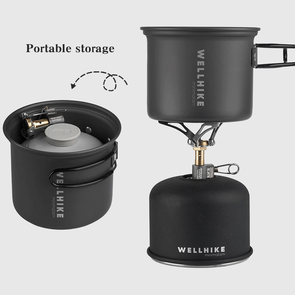 Black camping stove and pot set with 'WELLHIKE' branding on a white background
