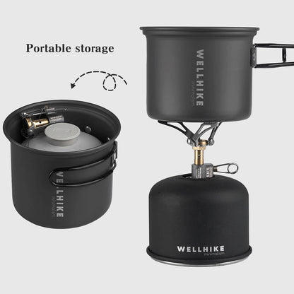 Black camping stove and pot set with 'WELLHIKE' branding on a white background