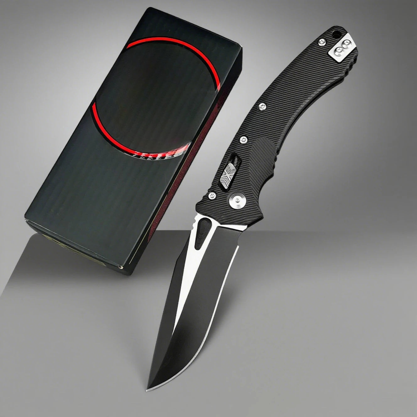 Folding knife with black handle and silver blade next to a black sheath on a gray background