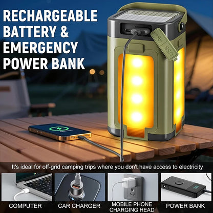 Rechargeable battery and emergency power bank on a table with a phone charging, set against a night-time camping scene.