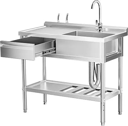 Stainless steel kitchen sink with faucet and drawer on a white background