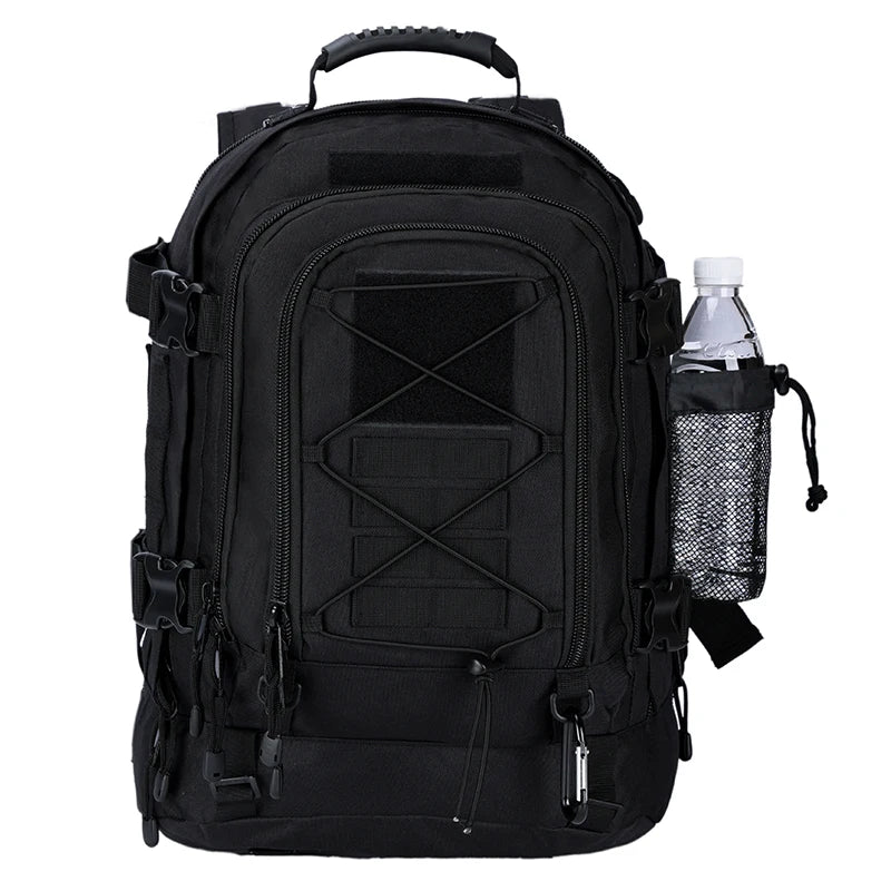 Black tactical backpack with water bottle holder on a white background