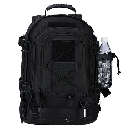Black tactical backpack with water bottle holder on a white background