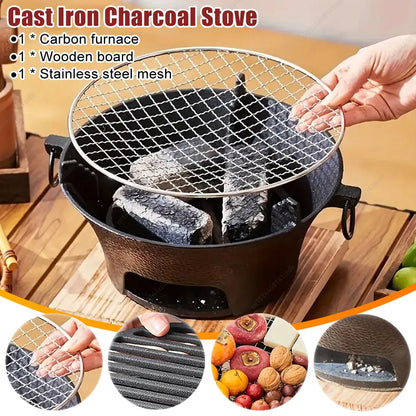 Cast iron charcoal stove with wooden board and stainless steel mesh, used for grilling.