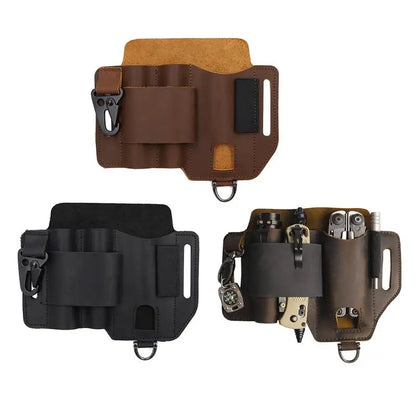 Three leather pouches in brown, black, and a combination of both, with tools inside on a white background.