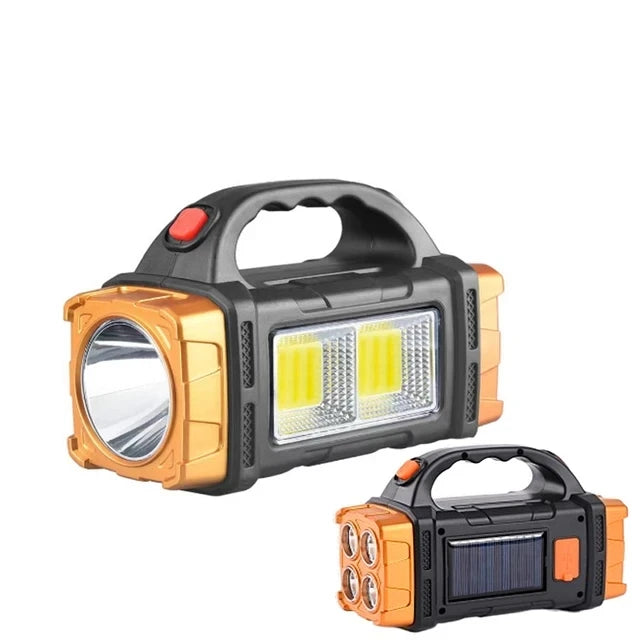 Two portable flashlights, one with a solar panel on a white background