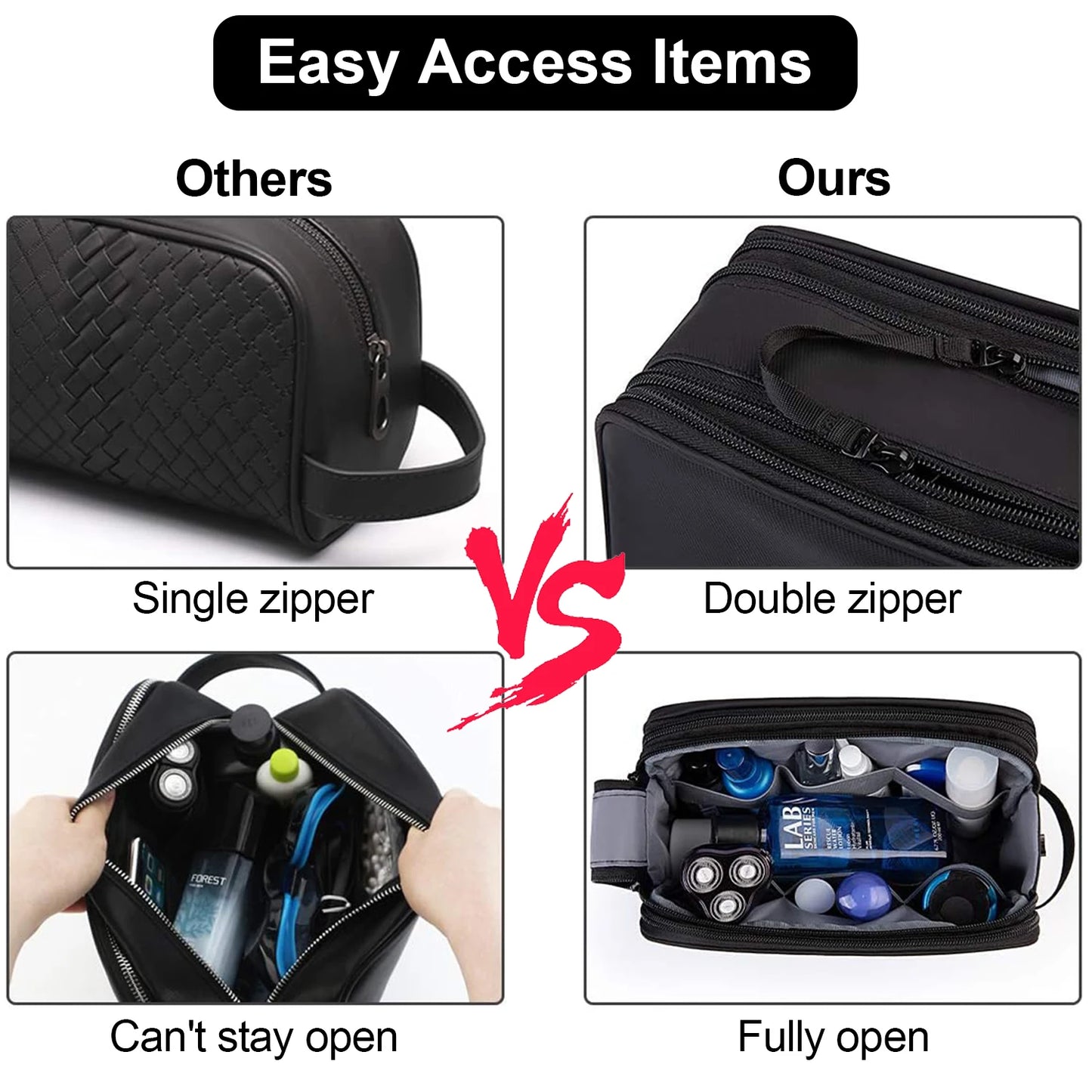 Comparison of a black toiletry bag with single and double zippers, showing functionality differences.