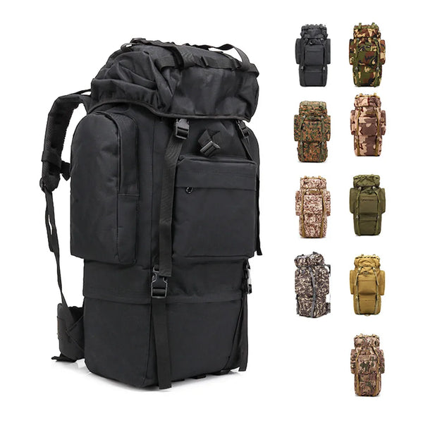 Black tactical backpack with camouflage options on a white background