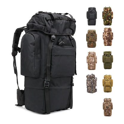 Black tactical backpack with camouflage options on a white background