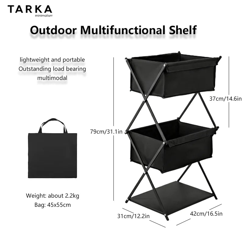 Black outdoor multifunctional shelf with dimensions and features on a white background