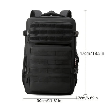 Black tactical backpack with measurements on a white background