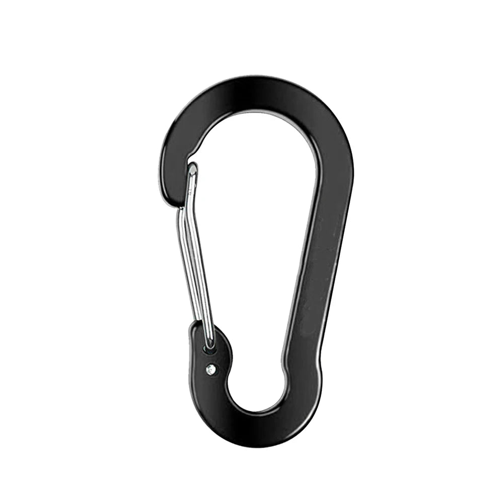 Black carabiner on a white background