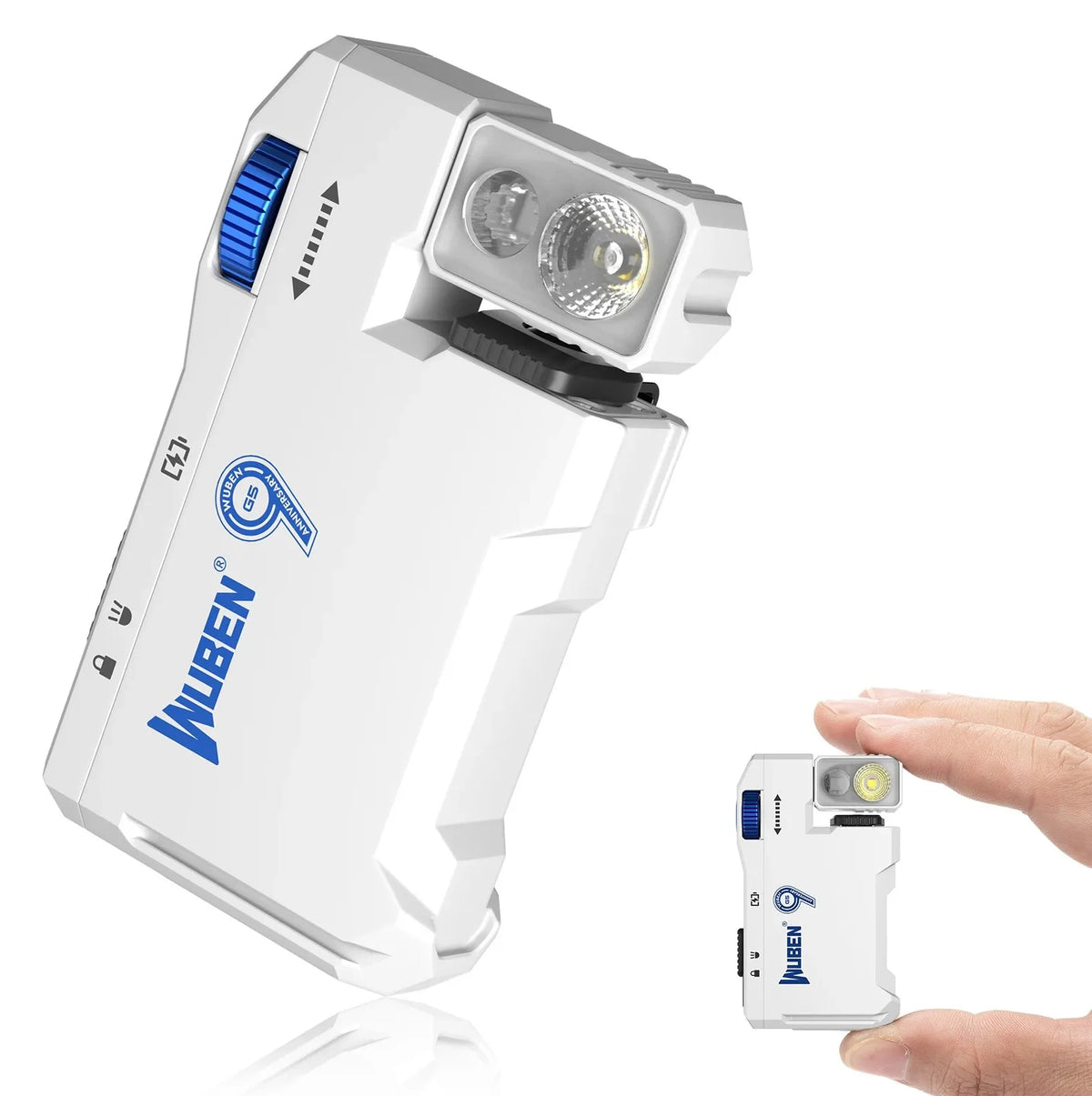 Wuben E9 flashlight with a hand holding a smaller version of it on a white background