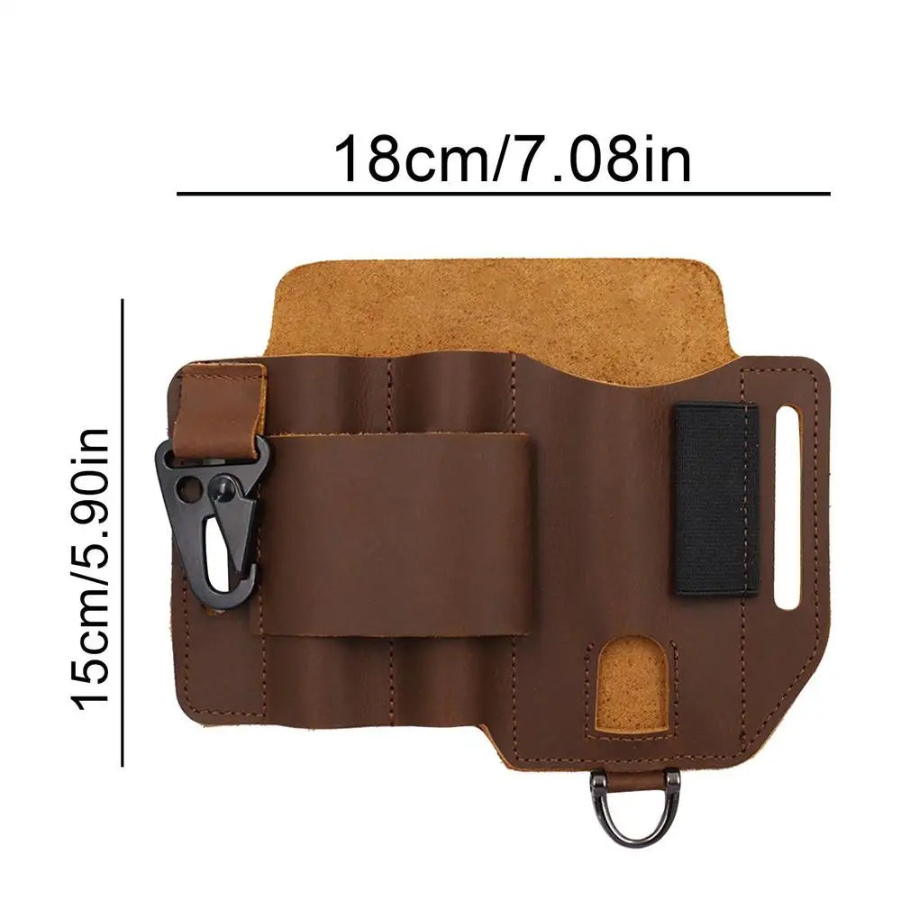 Brown leather phone holster with measurements on a white background