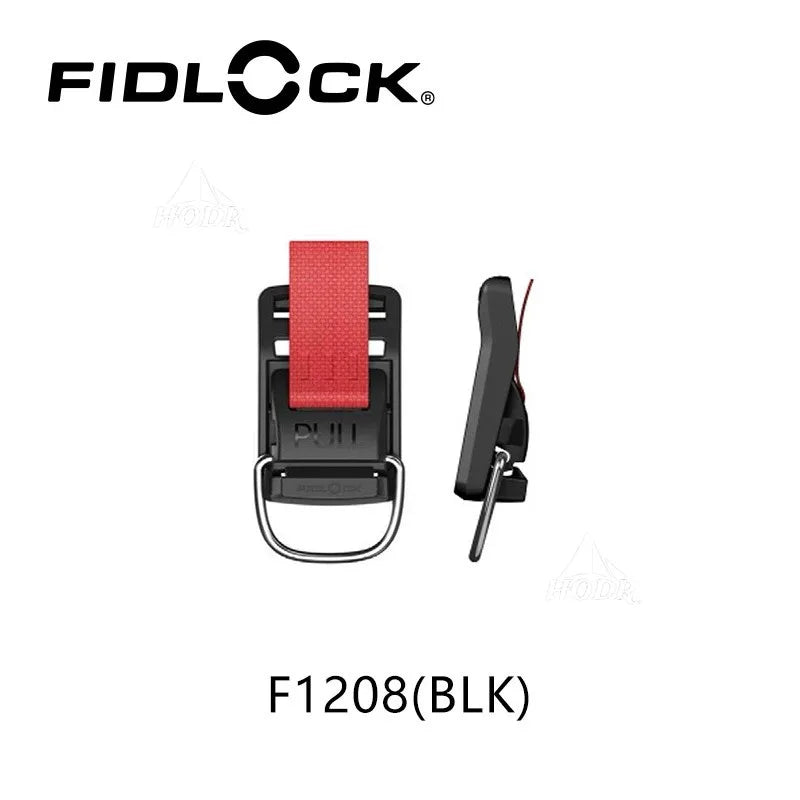 Fidlock product with red strap and black clip on a white background