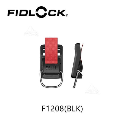 Fidlock product with red strap and black clip on a white background