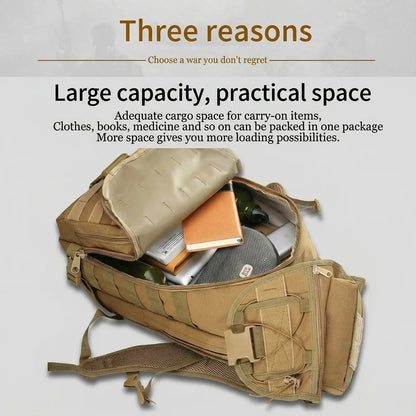 A tan tactical-style backpack shown open with books, a notebook, and other items inside, set against a light gray background with promotional text reading 'Three reasons' and 'Large capacity, practical space.'.
