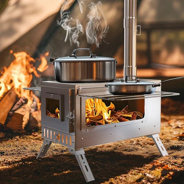 Wood-burning stove with pots over an open fire in a camping setting
