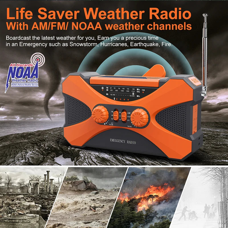 Orange and black weather radio with NOAA logo on a background of natural disasters.