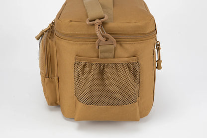 Brown tactical bag with multiple pockets on a white background